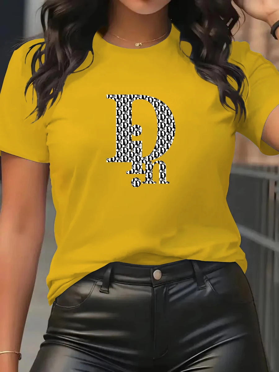 Din Women's T-Shirt Fashion Casual Crew Neck Short Sleeve Cotton Tees Tops Summer Streetwear Luxury Brand T-shirt.