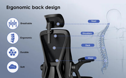 AUTHMIC Ergonomischer Bürostuhl – faltbare Armlehnen, verstellbare Rückenlehne, verstellbare Kopfstütze, verstellbare Lendenwirbelsäule, maximale Belastung 150 kg,