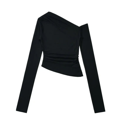 Slim Fit Long Sleeve T-Shirt Irregular Hem Slant Collar Pleated Pure Desirable Sexy Top for Women Fashionable Autumn New Style.
