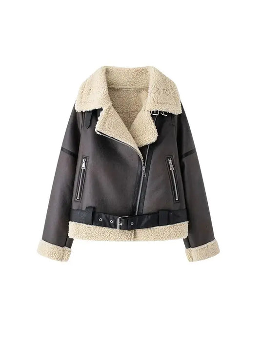 TRZA-Damen-Jacke aus dickem, warmem Wildleder mit Gürtel, langärmlige Mäntel, Kunstscheren, weibliche Oberbekleidung, schicke Oberteile, Wintermode