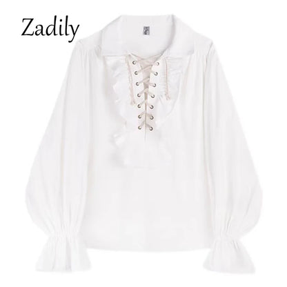 Pirate Shirt for Men Vintage Gothic Renaissance Style Frilled Lace-Up Medieval Buccaneer Blouse Top for All Seasons.