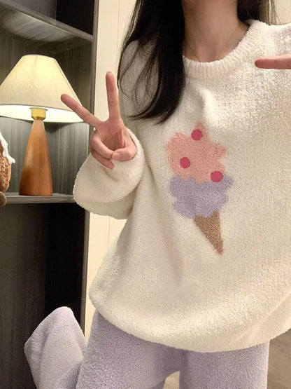 Kawaii Hello Kitty Pajamas Girl Sanrio Long-Sleeved Loungewear Sweet Young Student Girl  Warm Home Clothes Sleepwear Set