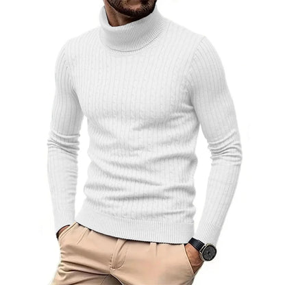 Autumn Winter Men's Turtleneck Sweater Warm Slim Fit Knitted Pullover Jacquard Striped Cozy Soft Knitwear Basic Style.