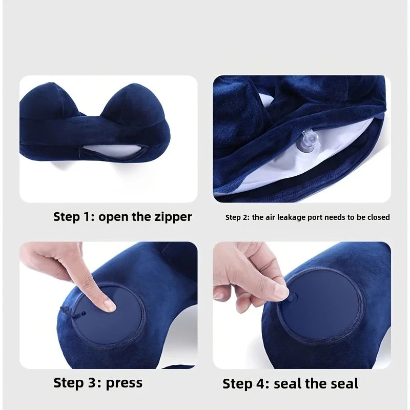 1 press type inflatable pillow U-shaped pillow, foldable U-shaped double hump neck pillow, portable outdoor travel pillow.