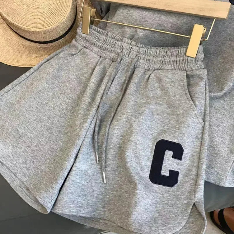 2-teiliges Set für Damen, Sommer, lockeres Kurzarm-T-Shirt, lässige Shorts, Sportdruck, Brief, Freizeitanzug, große Größe, kurzes Pyjama-Set