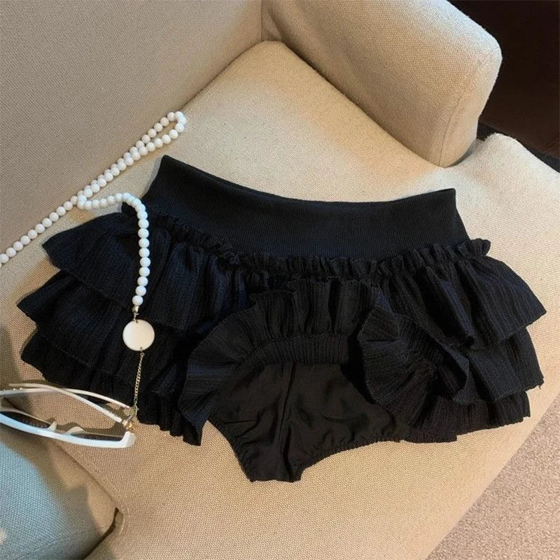 Sweet Puffy Cake Women Skirts Korean Fashion Ruched Ruffle Mini Skirt Campus Harajuku Casual Versatile Elastic Waist Solid Skirt.