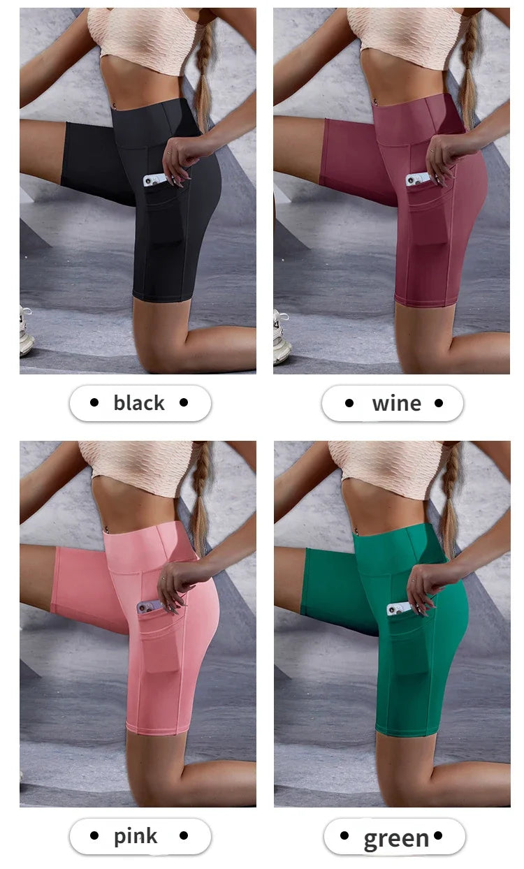 Double Pocket Sports Shorts Women Elastic Slim Shorts Gym Exercise Running High Waist Shorts Summer Yoga Casual Shorts for Women.