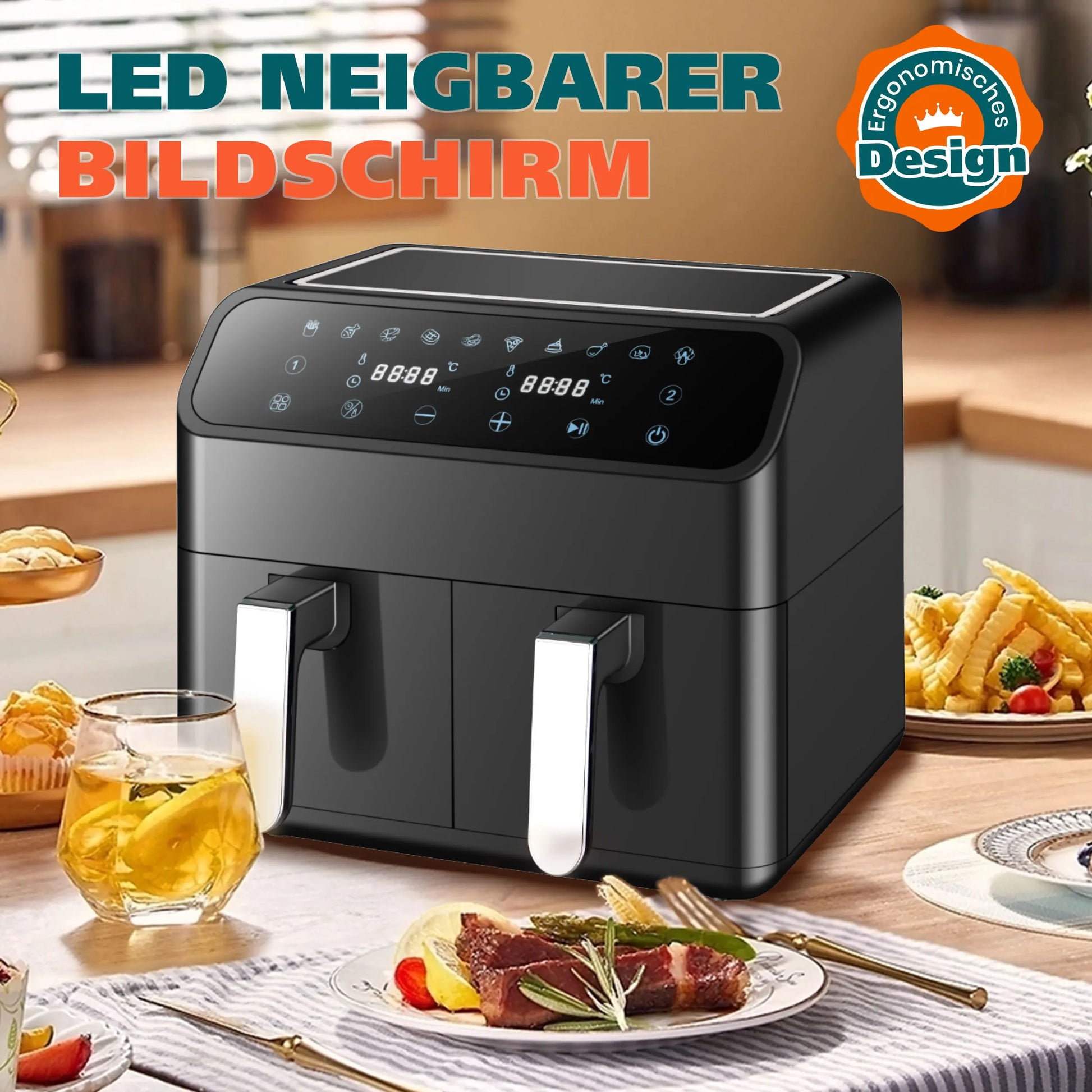 Sinaopus 2000W 9L XXL Hot Air Fryer with Dual Chambers Multi-function LED Touch Screen Timable Oil-Free Cooking Air Fryer.