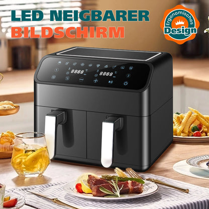 Sinaopus 2000W 9L XXL Hot Air Fryer with Dual Chambers Multi-function LED Touch Screen Timable Oil-Free Cooking Air Fryer.