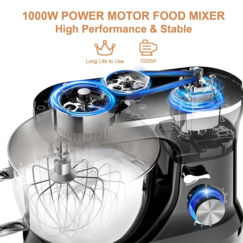 Powerful Stand Mixer Electric Blender Desktop Egg Whisk 1000w 8+P Speed Food Processor Multifunctional Kitchen Mixer with Bowl.