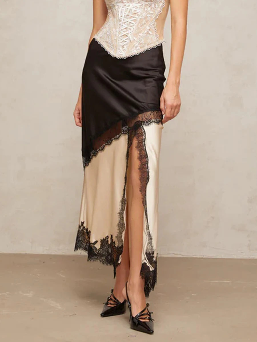 TWOTWINSTYLE Colorblock Slimming Fashion Midi Skirts for Women Patchwork Lace Temperament Skirt Female Elegant Clothing Style.