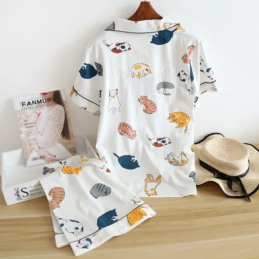 Neue 100% Baumwolle Kurzarm Shorts Damen Pyjama Set niedlichen Cartoon Pyjamas japanische einfache kurze Pyjamas Frauen Nachtwäsche