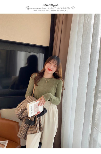 2025Oansatz Rippen Langarm Koreanische Dünne Weibliche Pullover Frauen Pullover Stricken Weiche Jumper Tops Geraffte Herbst Winter Tops