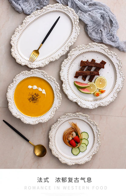 French Baroque Retro Relief Court Style Ceramic Dinner Plate European Tableware Western Food Plate Soup Plate Bowl Set.