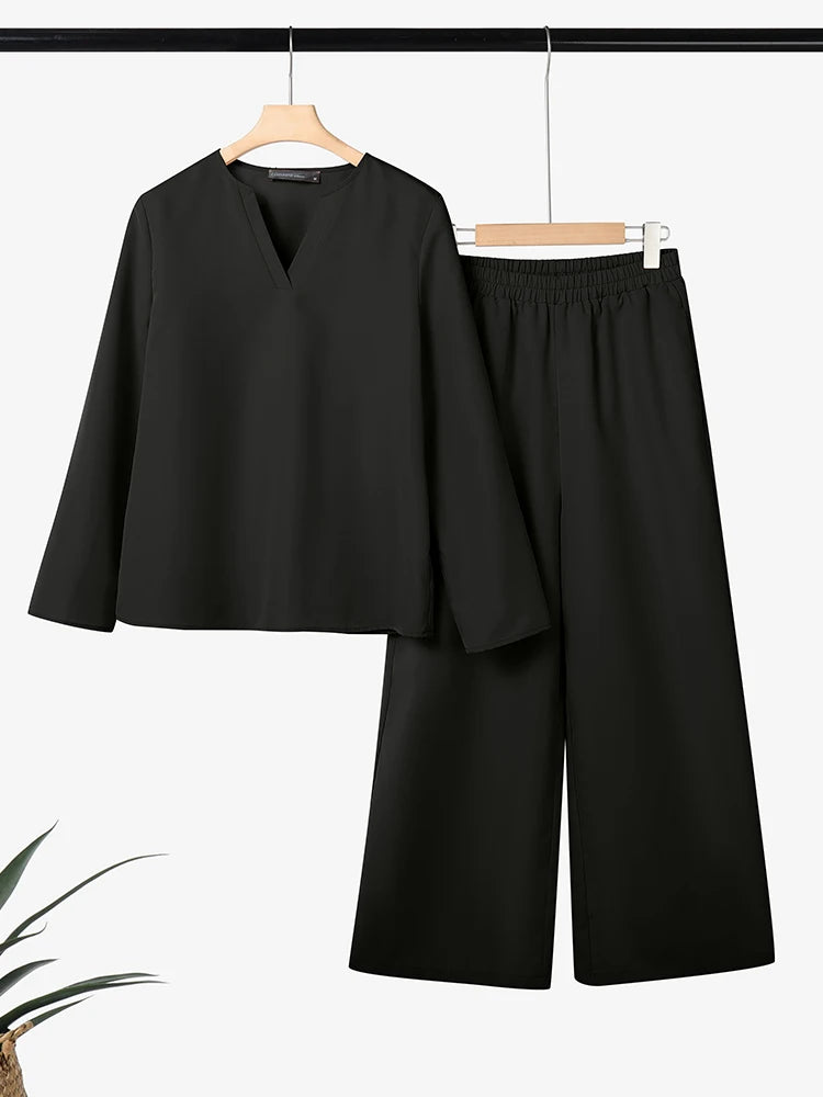 2025 ZANZEA Stylish Autumn 2 Piece Sets Women Outfit Casual V Neck Long Sleeve Tops Pant Set Solid Loose Work Tracksuit Oversize.
