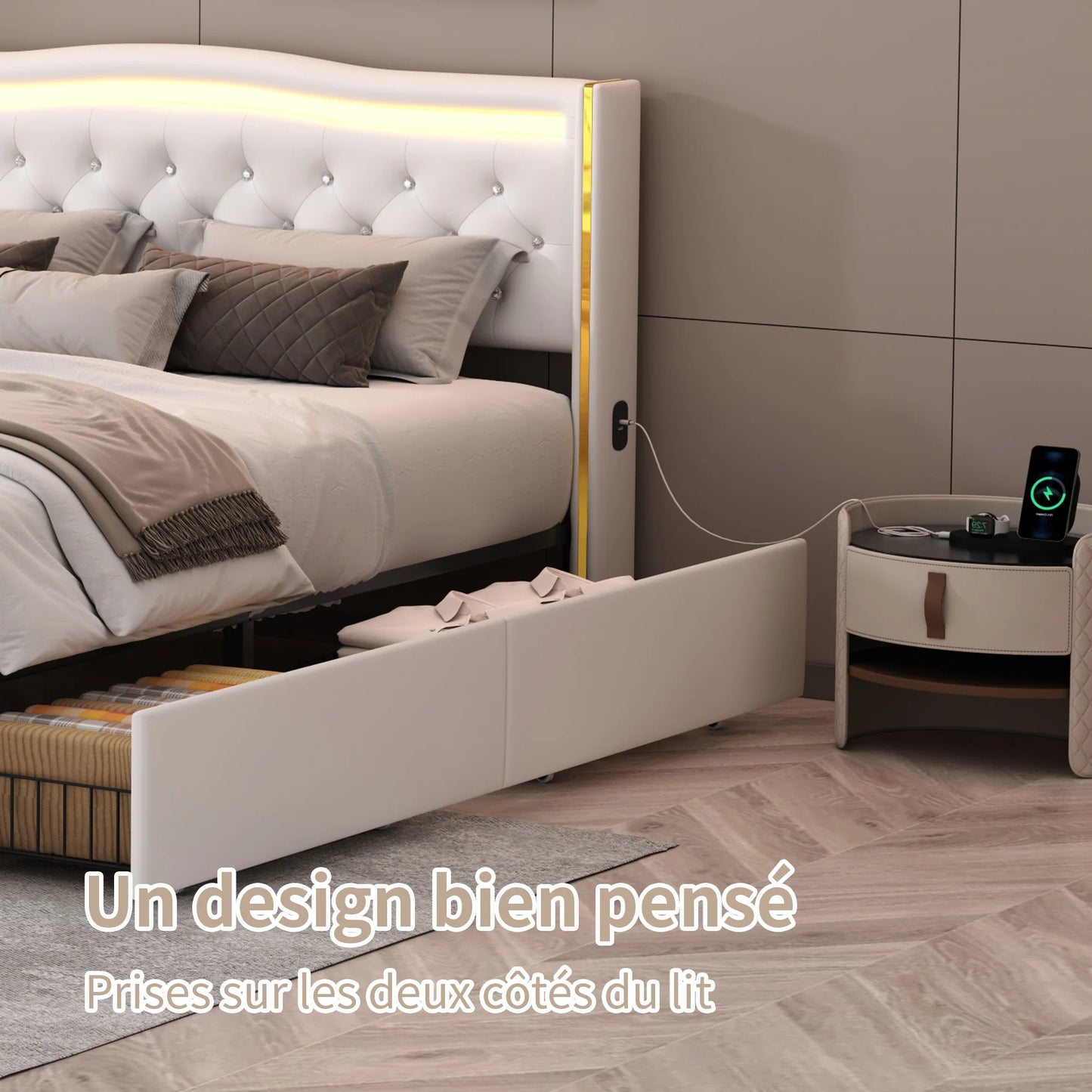 Lazyspace Diamond Embellishment Luxuriöses weißes PU-Polsterbett, Bettrahmen-Kopfteil mit bunten LED-Leuchten und USB-Anschluss