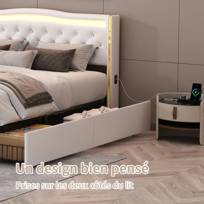 Lazyspace Diamond Embellishment Luxuriöses weißes PU-Polsterbett, Bettrahmen-Kopfteil mit bunten LED-Leuchten und USB-Anschluss