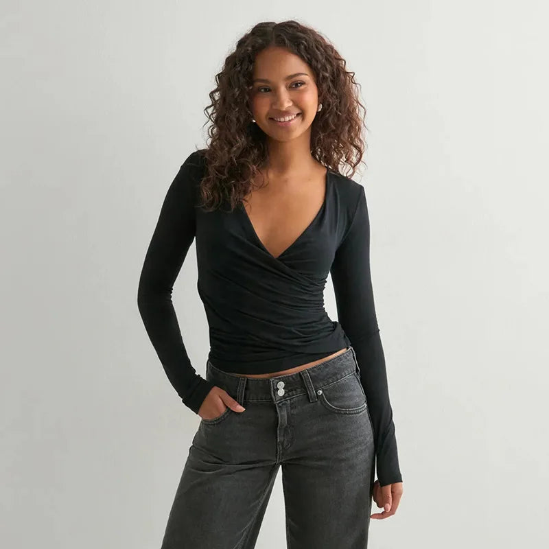 Sexy Solid Color V-neck Long Sleeved T-shirt Top Waist Cinching 2025 Trendy Casual Top for Women.