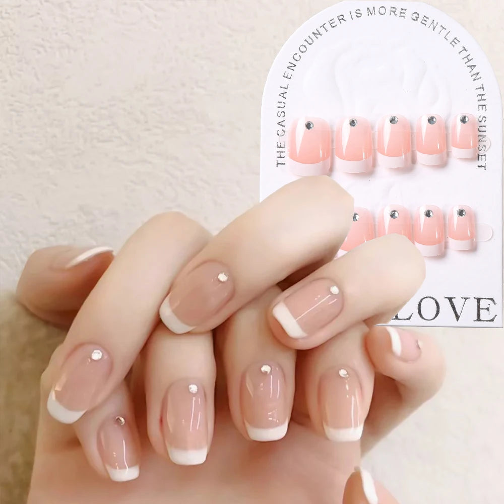 24pcs(+Tools) Pearl Bow Nude Pink Press On Nails White French Fingertips Almond Full Cover Fasle Nails New Year Nail Accessories.