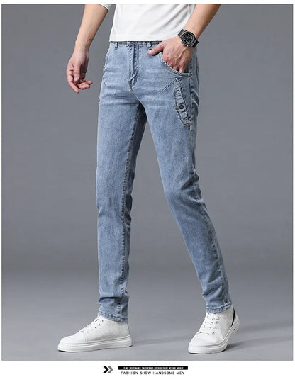 2024 New Men's Skinny Jeans Blue Gray Cotton Elasticity Straight Pencil Foot Slim Fit Fashionable Casual Denim Long Pants Male.