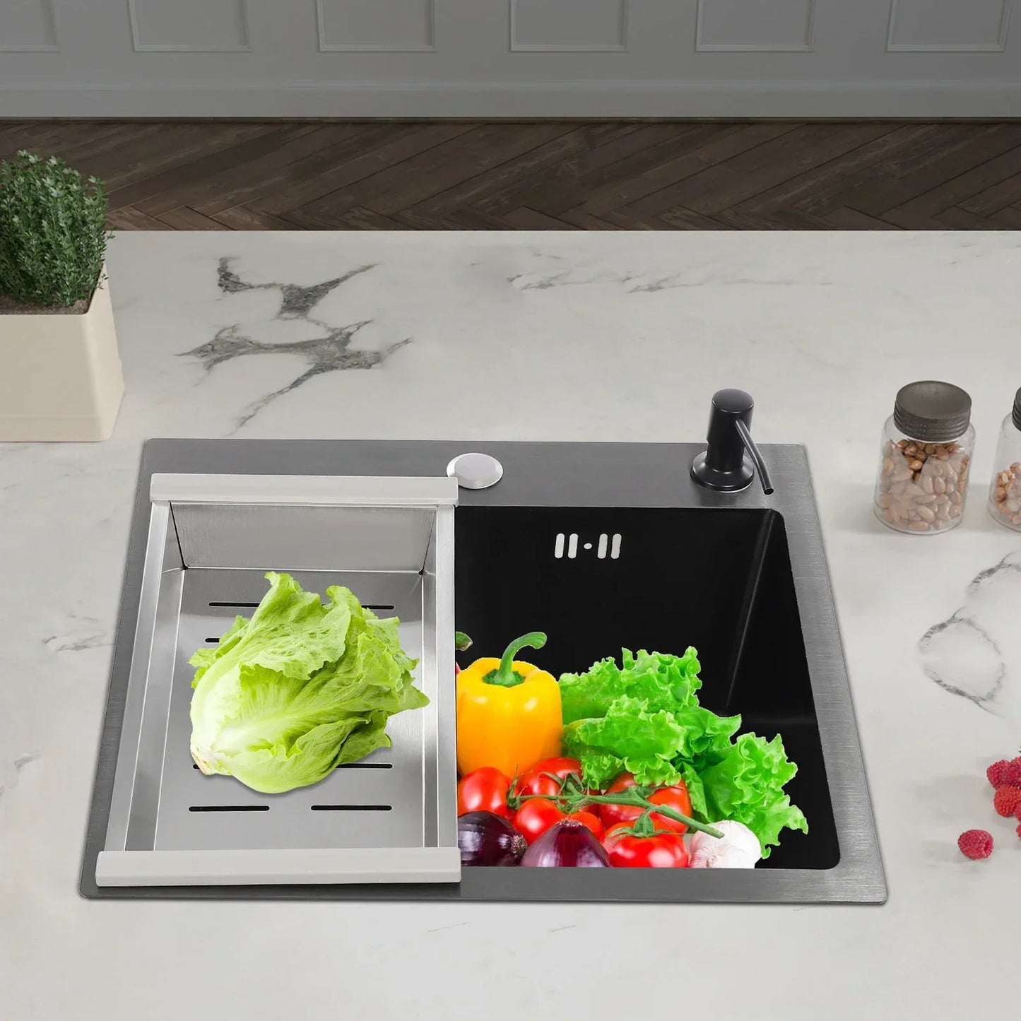 Küchenspüle aus Edelstahl 201 mit Wasserhahn, Seifenspender für Häuser, Restaurants, Wäschezimmer, Keller, 45 x 40 x 20 cm