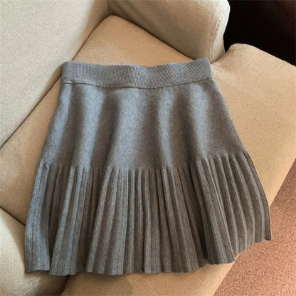 Pleated Mini Skirts Korean Sweet Knitted Skirts Sweet Elastic Waist Ladies Casual Youthful For Women's Clothes Solid Fashion New.