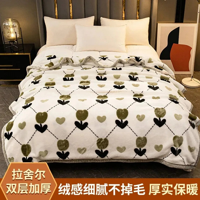 Modern Geometric Cartoon Printed Bedroom Blanket Coral Fleece Dormitory Quilt Thicking Double Layer Multi Purpose Bedding Sheets