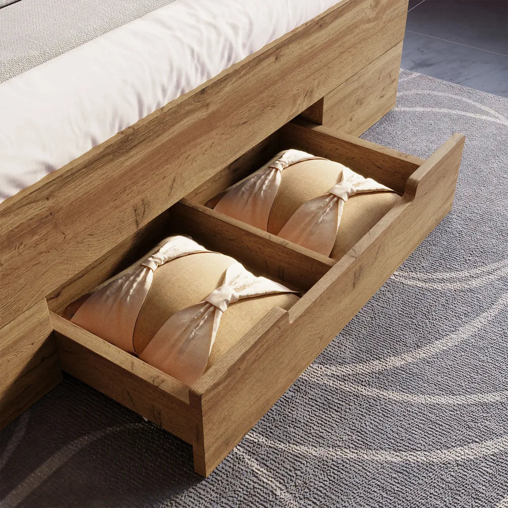 Bett mit gepolstertem Bettsystem mit Leselampe und USB-C-Nachttisch und Sitzbank mit Stauraum (ohne Matratze)