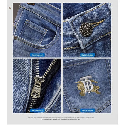 Men's Slim Straight Jeans Fashion Korean winter and Autumn Trousers Comfortable Elastic Blue Fitted Business Casual Denim Pants.