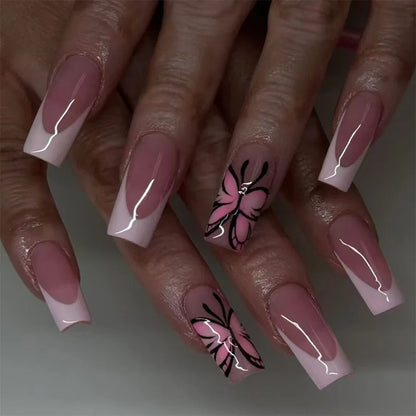 Mid-length Coffin Fake Nails 24Pcs White French Tip Ballerina Press On Nail Pink/White Flower Printed Spring/Summer DIY Manicure.