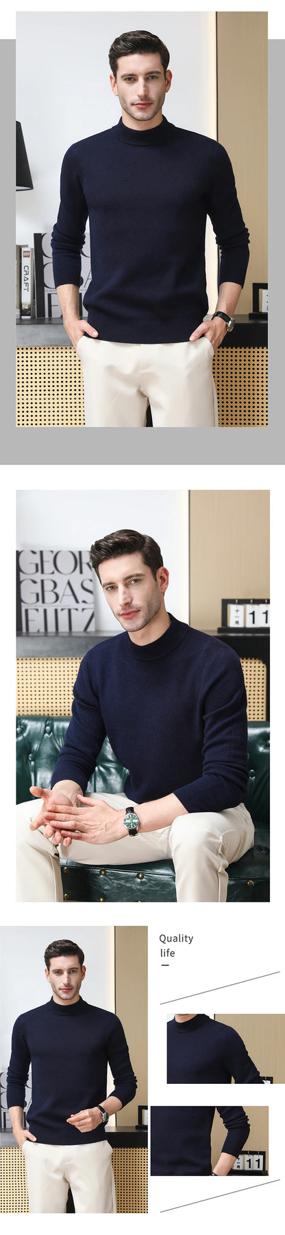 High End 100% Wool Thick New Autum Winter Fashion Brand Pullover Knit Half Turtleneck Business Sweater Casual Men Clothing