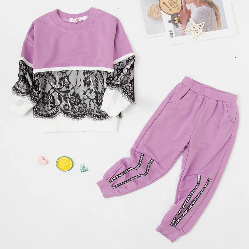 LZH Spring Autumn Girls Sports Suits Children Clothing Toddler Clothes Lace Warm Hooded Costume Outfit Kids Tracksuit Sets 3-8Y.