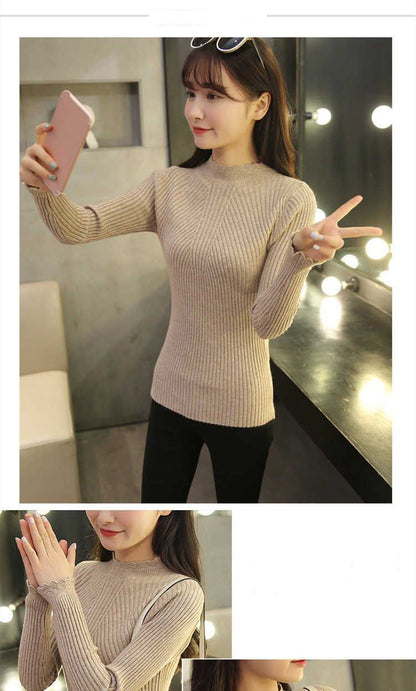 EVNISI Herbst Frauen Mock Neck Rüschen Pullover Langarm Gestrickte Bodenbildung Solide Pullover Streifen Frauen Casual Pullover Winter