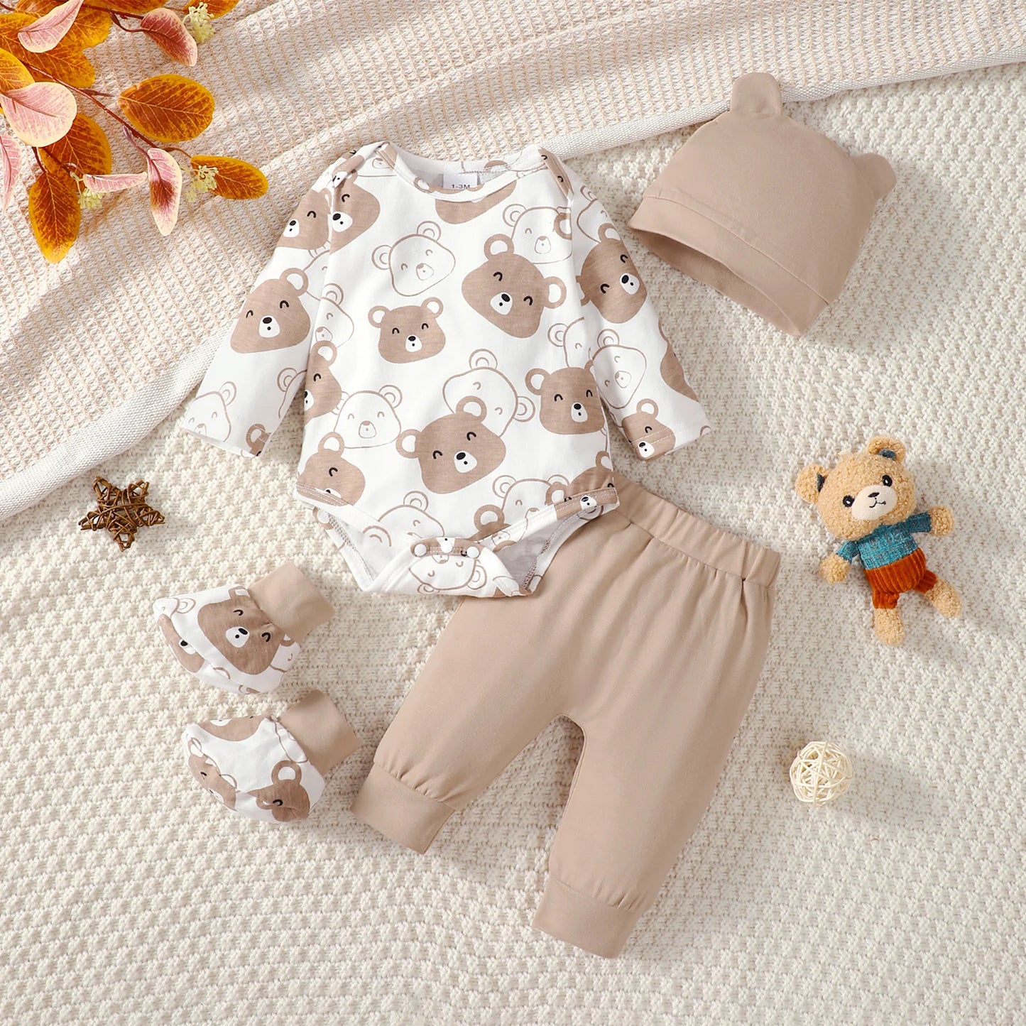 0-9 Months Baby Boy Set Little Bear Long Sleeve Bodysuit+Pants+Hat+Socks 4pcs/Set Baby Spring Autumn clothing Newborn set