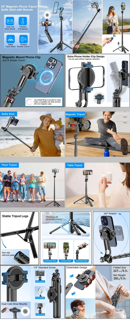 Magnetic Selfie Stick for iPhone Phone Camera 51" Extendable Magsafe Tripod Selfie Stick with Remote for Travel Vlog Videos.