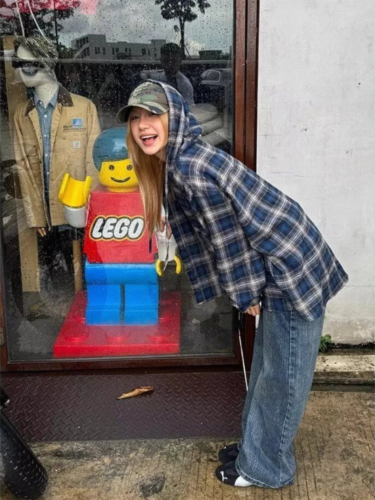 HOUZHOU Vintage Plaid Shirts Women Harajuku Long Sleeve American Style Drawstring Hooded Blouses Loose Casual Streetwear Spring