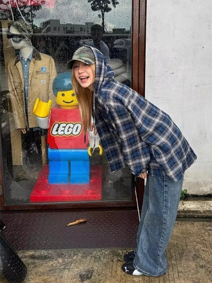 HOUZHOU Vintage Plaid Shirts Women Harajuku Long Sleeve American Style Drawstring Hooded Blouses Loose Casual Streetwear Spring