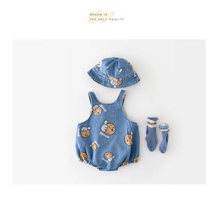 2 Stück Sommer Kinder Baby Denim Bodysuit und Mützen Anzüge einteilige Unisex Kleinkind Jungen Mädchen weiche Jeans Kleidung Jeans Sprung anzüge