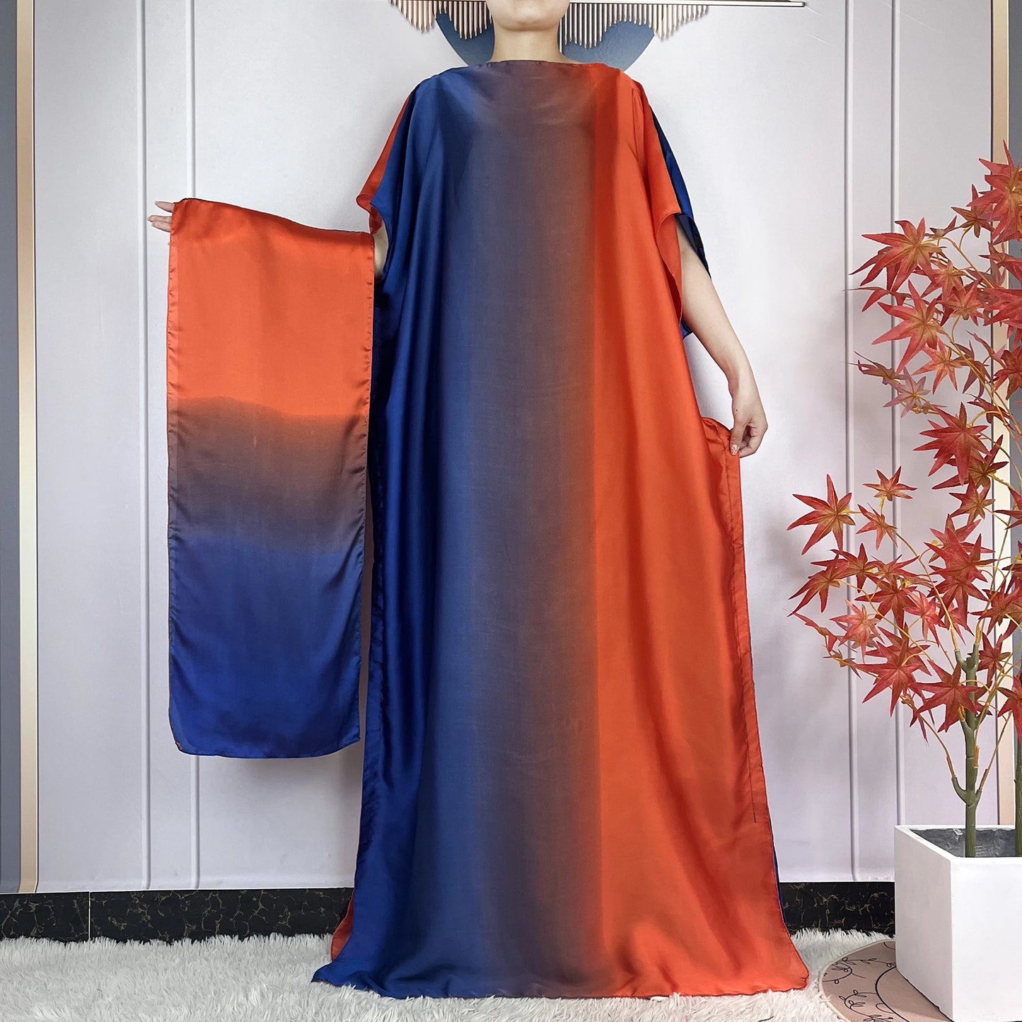 2024 New Dubai Summer Fashion For Women Printed Silk Soft Loose Femme Robe African Islam Maxi Woman Casual Dresses With Turban