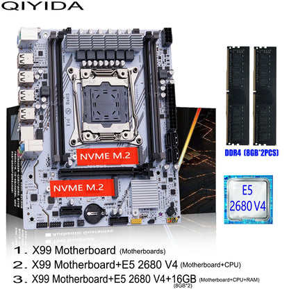 QIYIDA X99 Motherboard Set Kit Xeon LGA2011-3 E5 2680 V4 2x8gb=16GB DDR4 SATA PCI3.0 NVME M.2 X99H5 Gaming Computer.