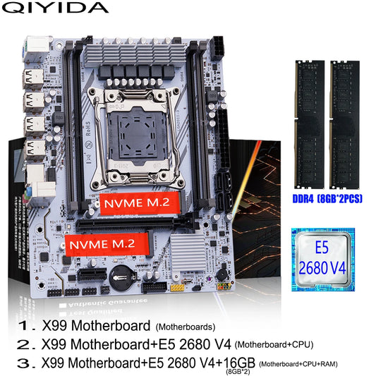 QIYIDA X99 Motherboard Set Kit Xeon LGA2011-3 E5 2680 V4 2x8gb=16GB DDR4 SATA PCI3.0 NVME M.2 X99H5 Gaming Computer.
