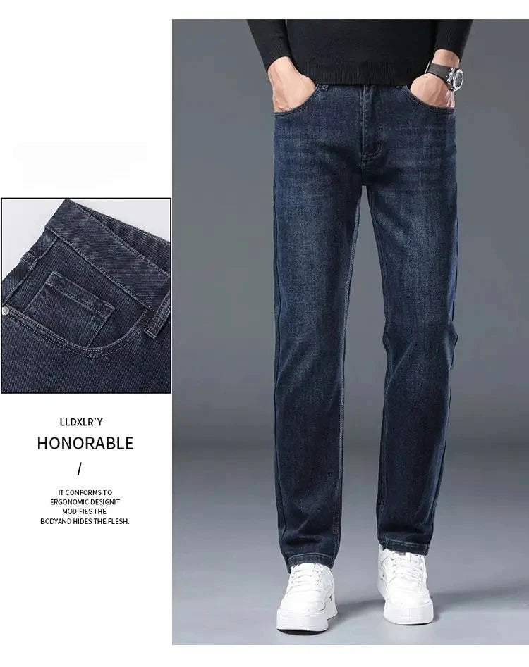 2025 New Stretch Jeans Men's Regular Classic Business Slim Trousers Black Blue Straight Male Y2K Brand Clothing Pants Size 29-40.