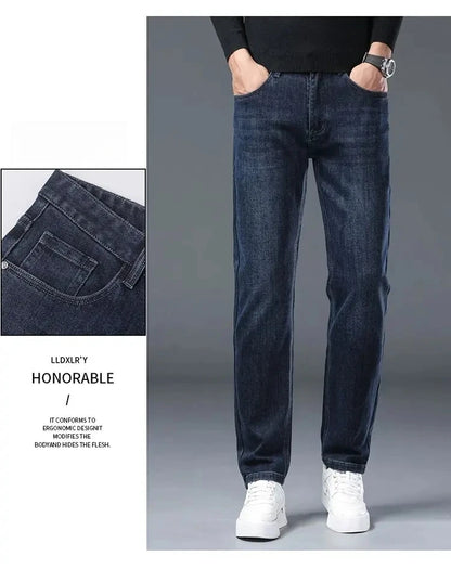 2025 New Stretch Jeans Men's Regular Classic Business Slim Trousers Black Blue Straight Male Y2K Brand Clothing Pants Size 29-40.