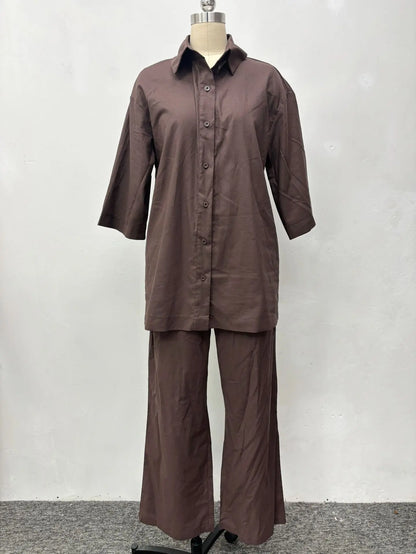 Cotton Linen Set Women Spring Summer Loose Oversize Long Sleeve Shirt Long Pants 2 Piece Sets Casual Office Ladies Trousers Suit.