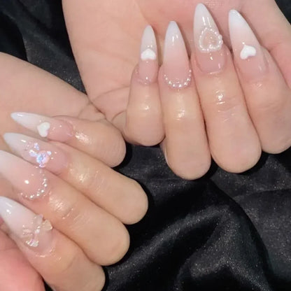 White Glitter Powder Bowknot Long Pointed Fake Nails Art Ballet False Nail Cow Print Pearl Rhinestone Pink Almond Press on Nails