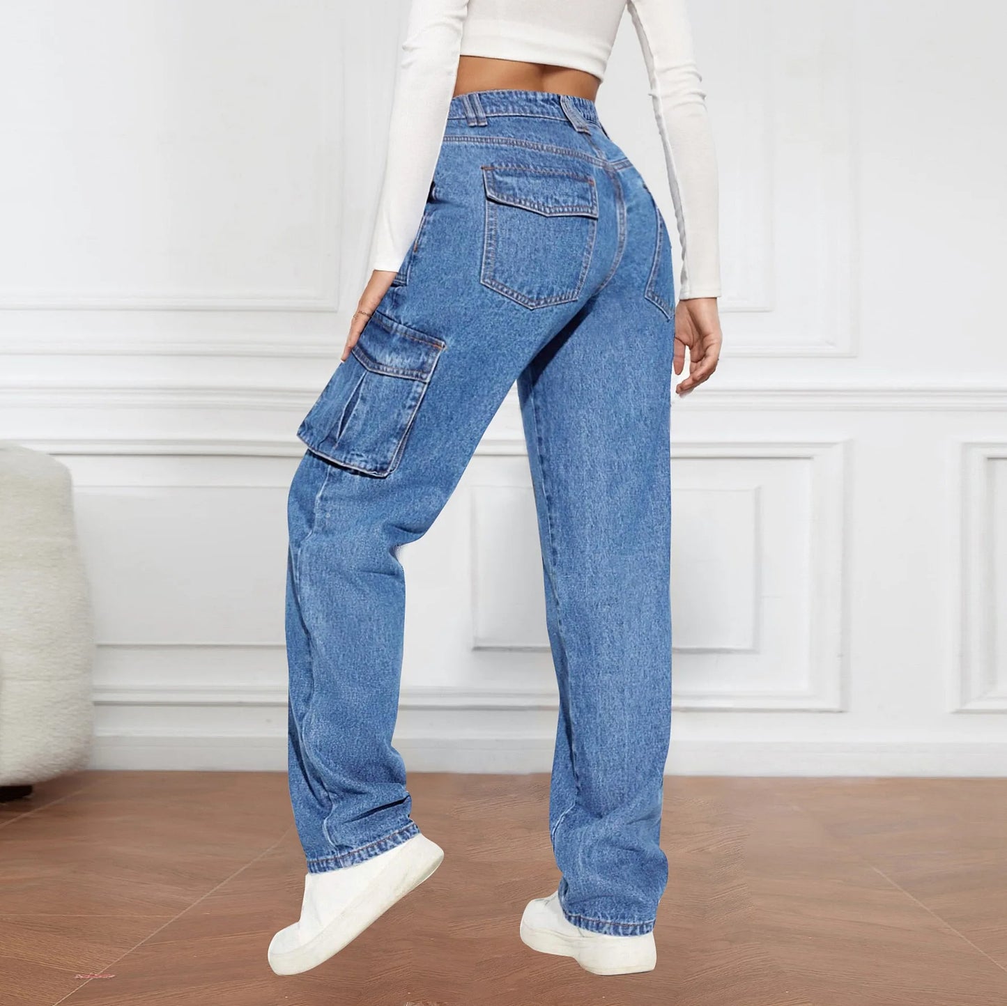Street Style Casual Wide Leg Jeans Multiple Pockets High Waist Straight Cut Non-Stretch Denim for Women Trendy Autumn 2025.