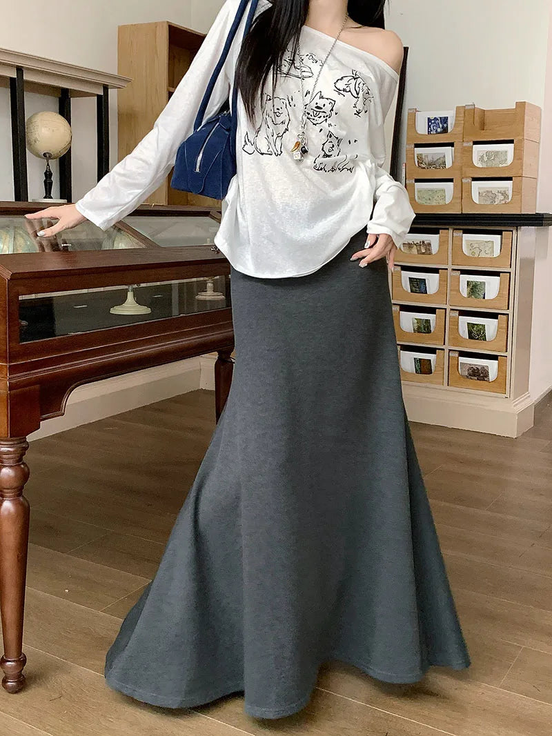 high quality Korean-style  trumpet skirt women waist fall  design knitted long skirt female