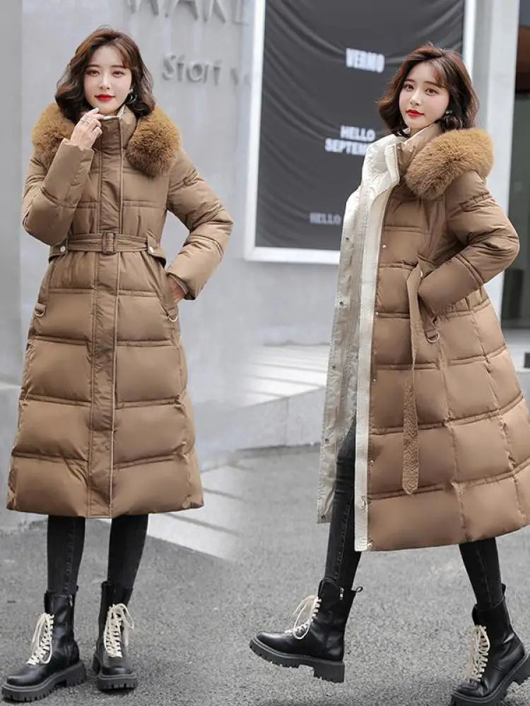 2024 neue Winter frauen Gepolsterte Jacken Mid-länge Modische Mit Kapuze Große Pelz Kragen Lose Dicke Unten Baumwolle Oberbekleidung damen.