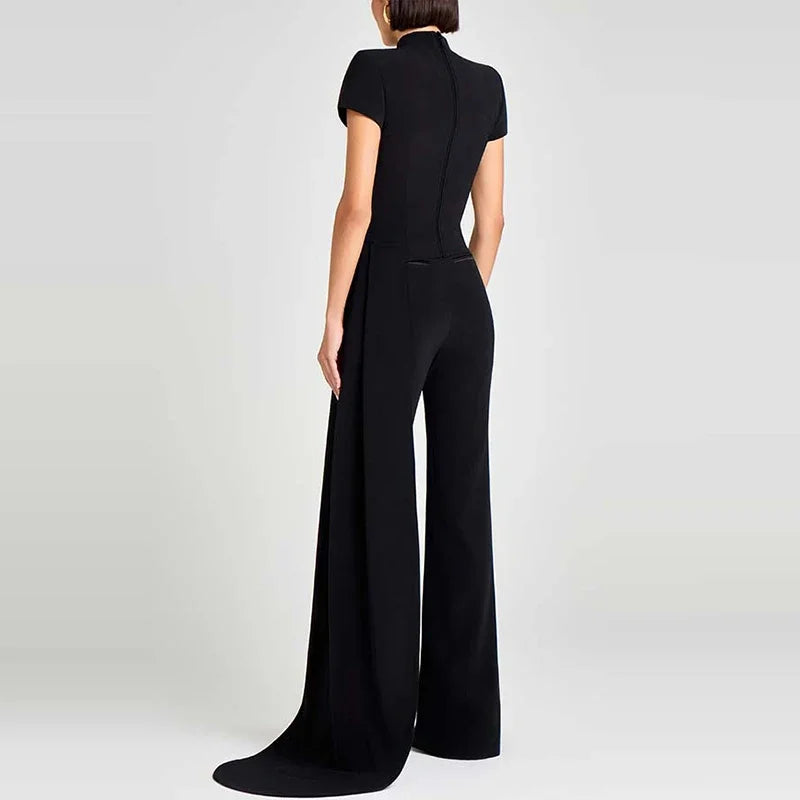 Women Elegant Commuting 2Pc Suit Fashion Stand Collar Solid Color Irregular Set Casual Short Sleeve Pullover & Long Pant Outfits.