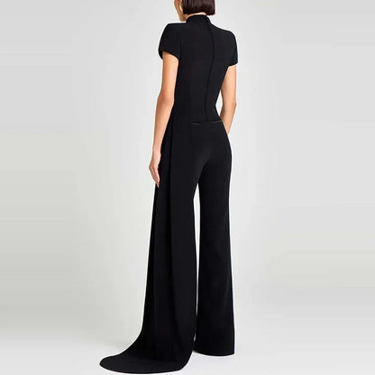 Women Elegant Commuting 2Pc Suit Fashion Stand Collar Solid Color Irregular Set Casual Short Sleeve Pullover & Long Pant Outfits.